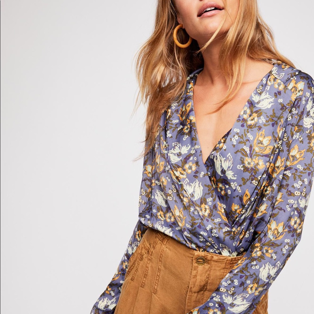 Free People Blue Floral Elsa Long Sleeve Bodysuit Wrap Top